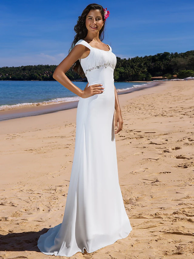Wedding Dresses Scoop Neck Chiffon Cap Sleeve Beach Plus Size with Beading Draping