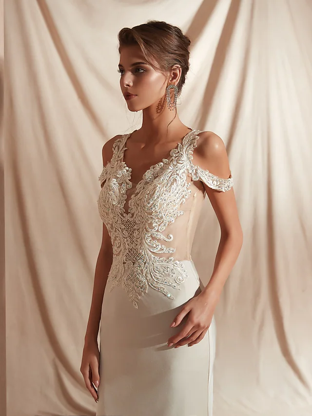 Mermaid Trumpet Wedding Dresses V Neck Asymmetrical Matte Satin Short Sleeve Casual Sexy Illusion Detail Modern