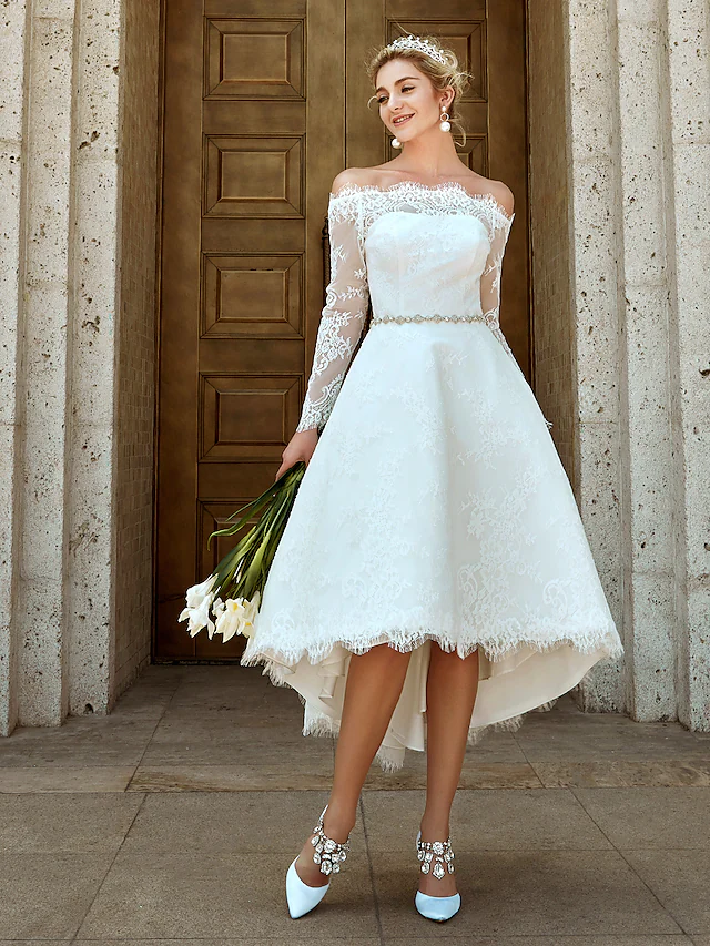 A-Line Wedding Dresses Off Shoulder Asymmetrical Lace Long Sleeve Casual Plus Size Illusion Sleeve with Lace Crystal