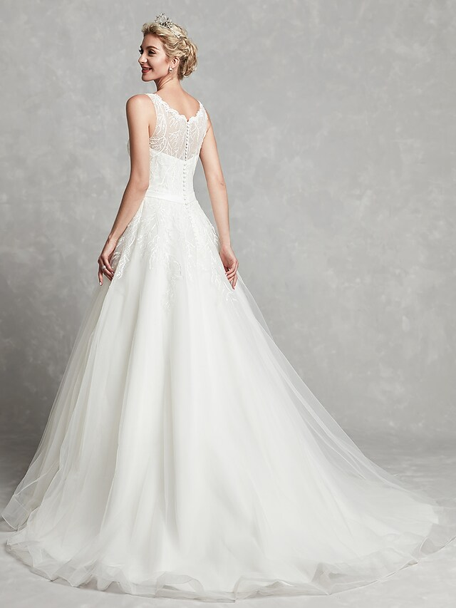 A-Line Wedding Dresses Scoop Neck Chapel Train Lace Tulle Regular Straps Formal Illusion Detail with Lace Sash