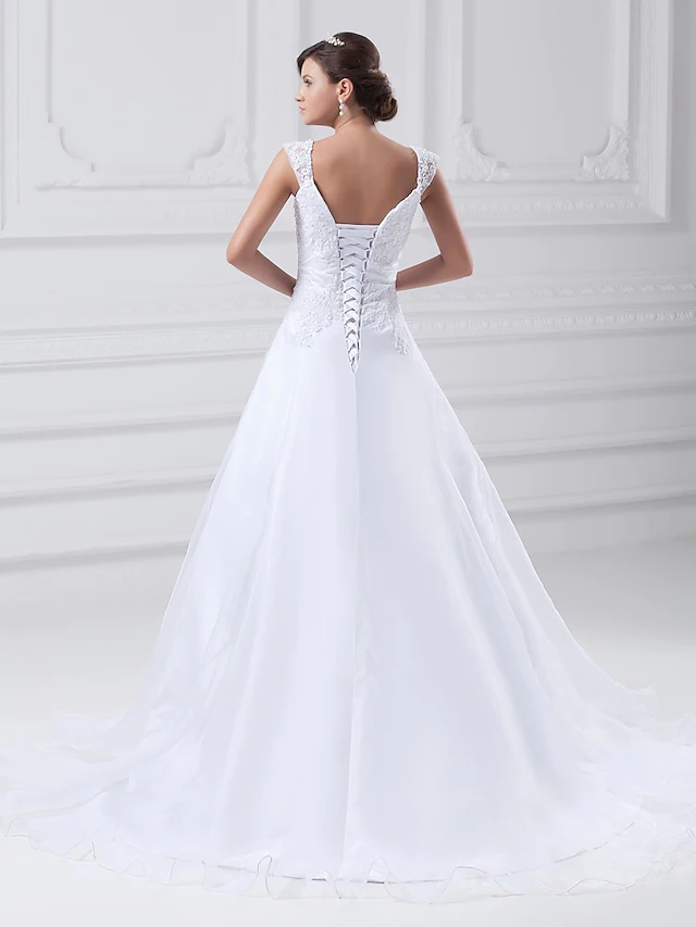 A-Line Wedding Dresses Square Neck Chapel Train Lace Organza Satin Regular Straps with Beading