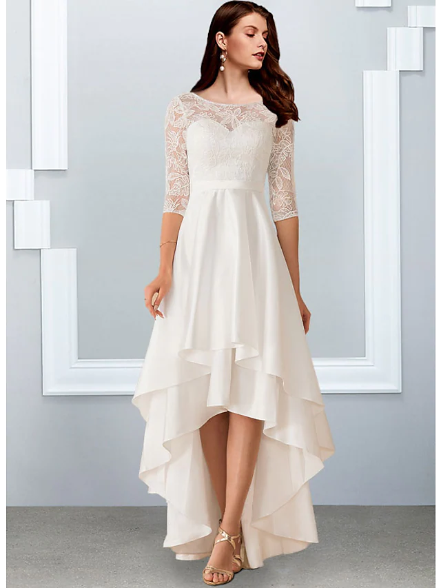 A-Line Wedding Dresses Jewel Neck Asymmetrical Chiffon Lace Half Sleeve Simple Beach with Cascading
