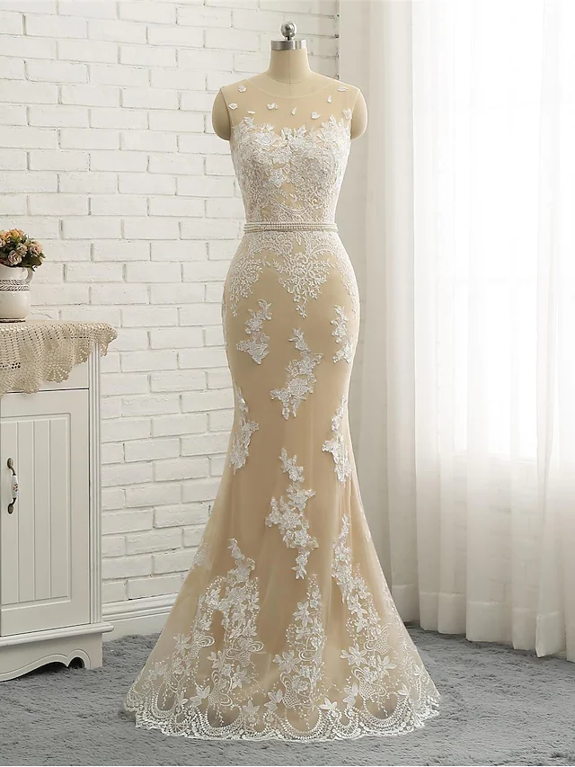 Wedding Dresses Jewel Neck Chapel Train Lace Tulle Lace Over Satin Regular Straps Formal See-Through with Sashes Ribbons Pearls