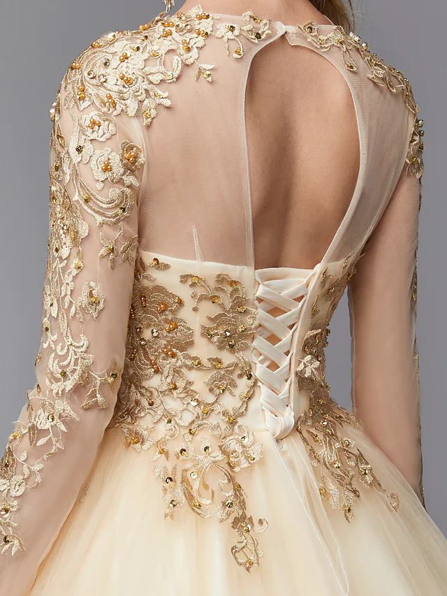 Ball Gown Wedding Dresses Jewel Neck Lace Tulle Long Sleeve Glamorous See-Through Backless Modern with Beading