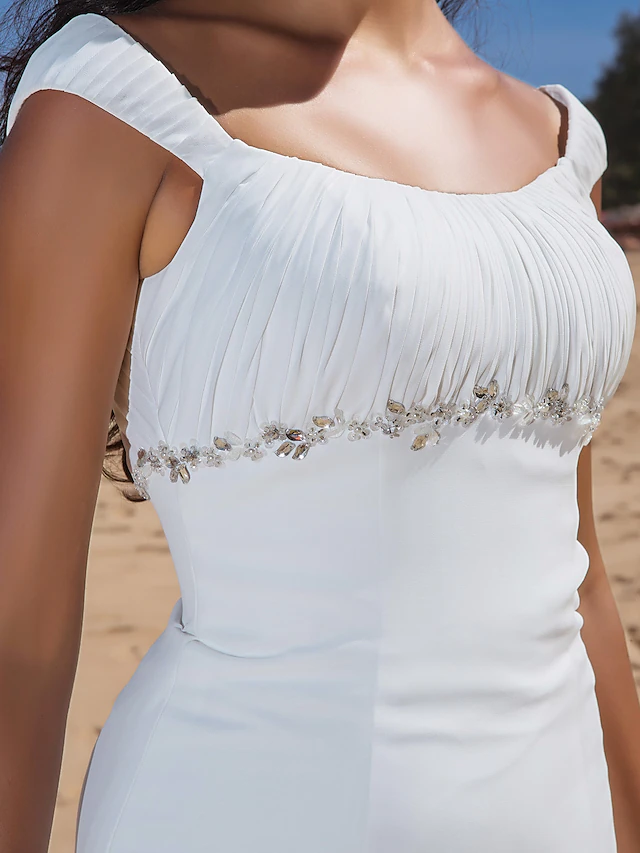 Wedding Dresses Scoop Neck Chiffon Cap Sleeve Beach Plus Size with Beading Draping