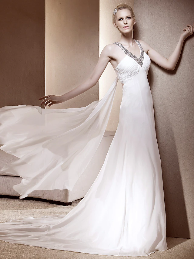 Princess A-Line Wedding Dresses V Neck Court Train Chiffon Sleeveless Sparkle & Shine