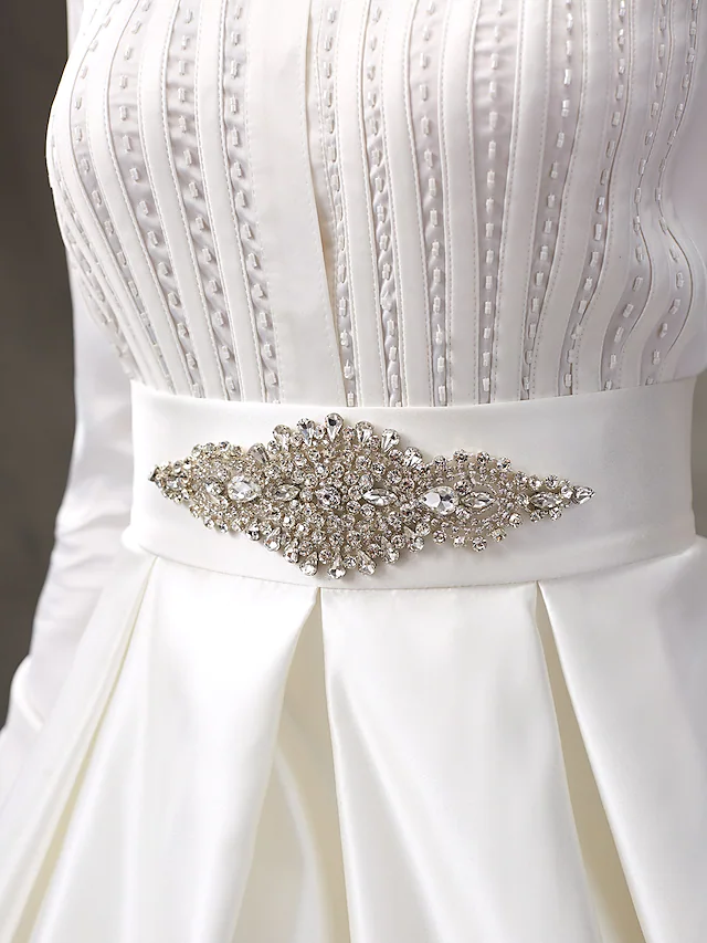 Ball Gown Wedding Dresses High Neck Satin Long Sleeve Glamorous Sparkle & Shine with Bowknot Sash Ribbon