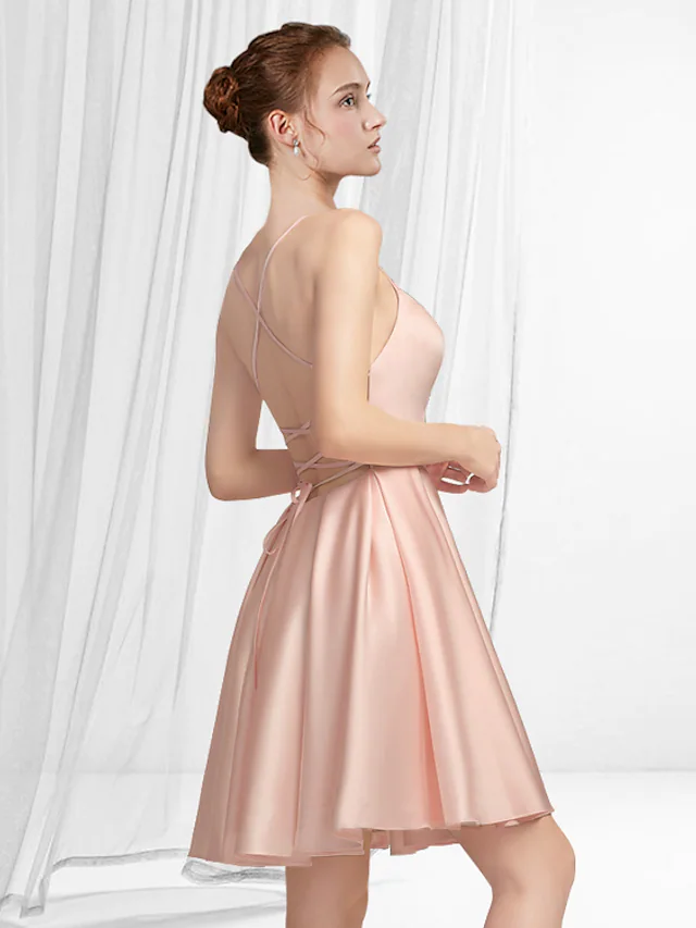 A-Line Minimalist Sexy Graduation Party Wear Dress Spaghetti Strap Sleeveless Short Mini Satin