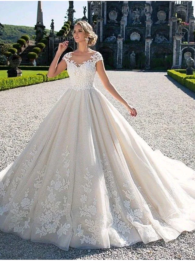 Ball Gown Wedding Dresses Jewel Neck Chapel Train Lace Tulle Lace Over Satin Cap Sleeve Glamorous Illusion Detail