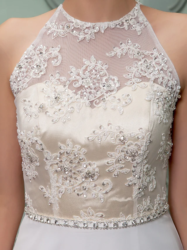 Wedding Dresses Jewel Neck Floor Length Chiffon Lace Regular Straps See-Through with Sash Ribbon