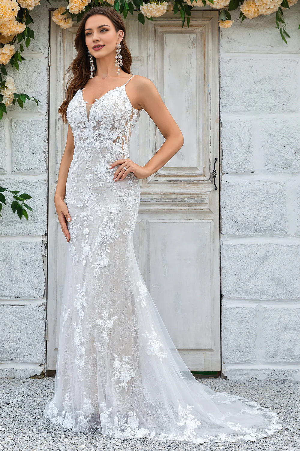 Ivory Mermaid Lace Long Wedding Dress V-neck Sexy