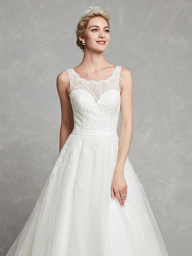 A-Line Wedding Dresses Scoop Neck Chapel Train Lace Tulle Regular Straps Formal Illusion Detail with Lace Sash