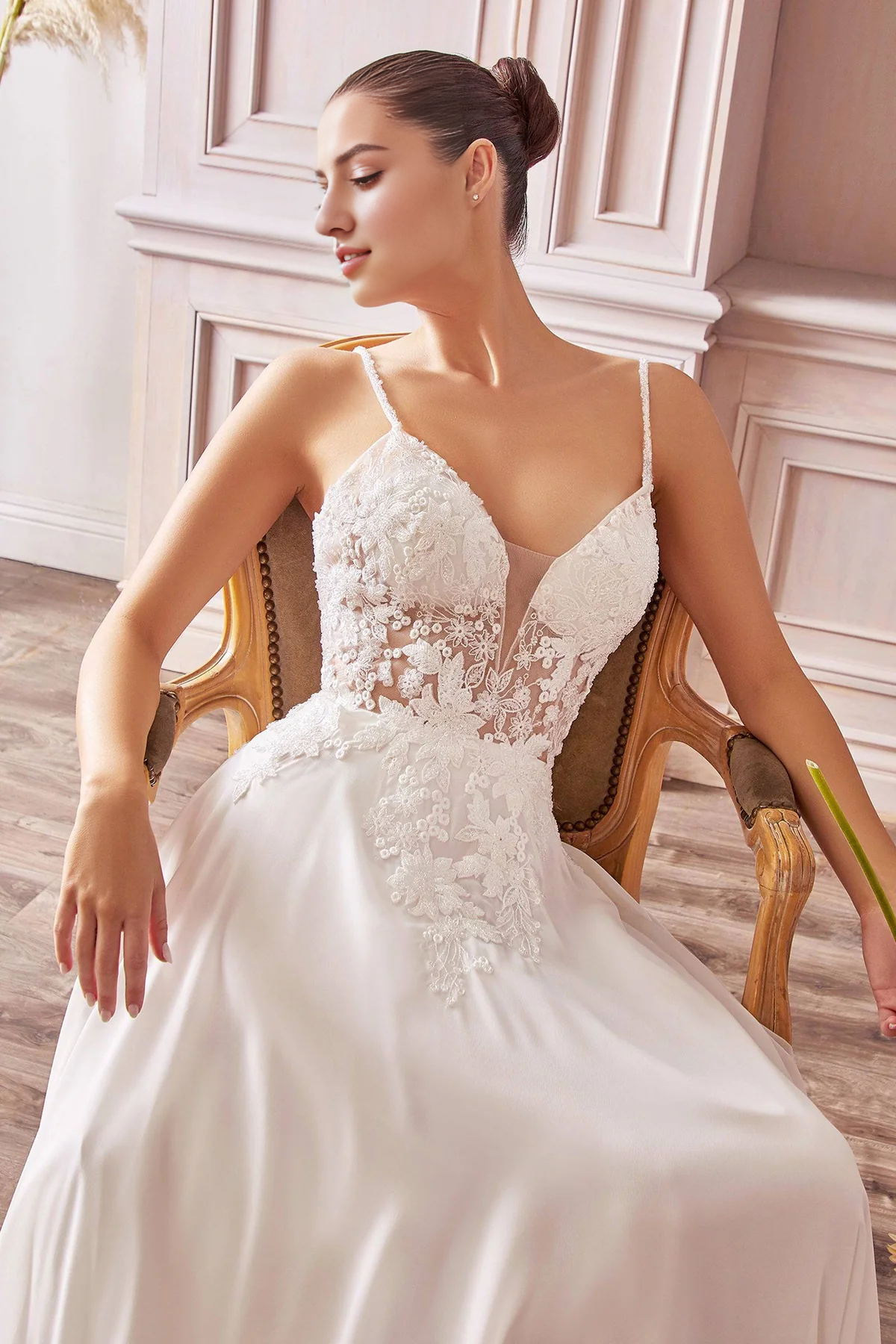 Elegant Wedding Gown with Sheer Bodice and Long Flowy Skirt Wedding Dresses