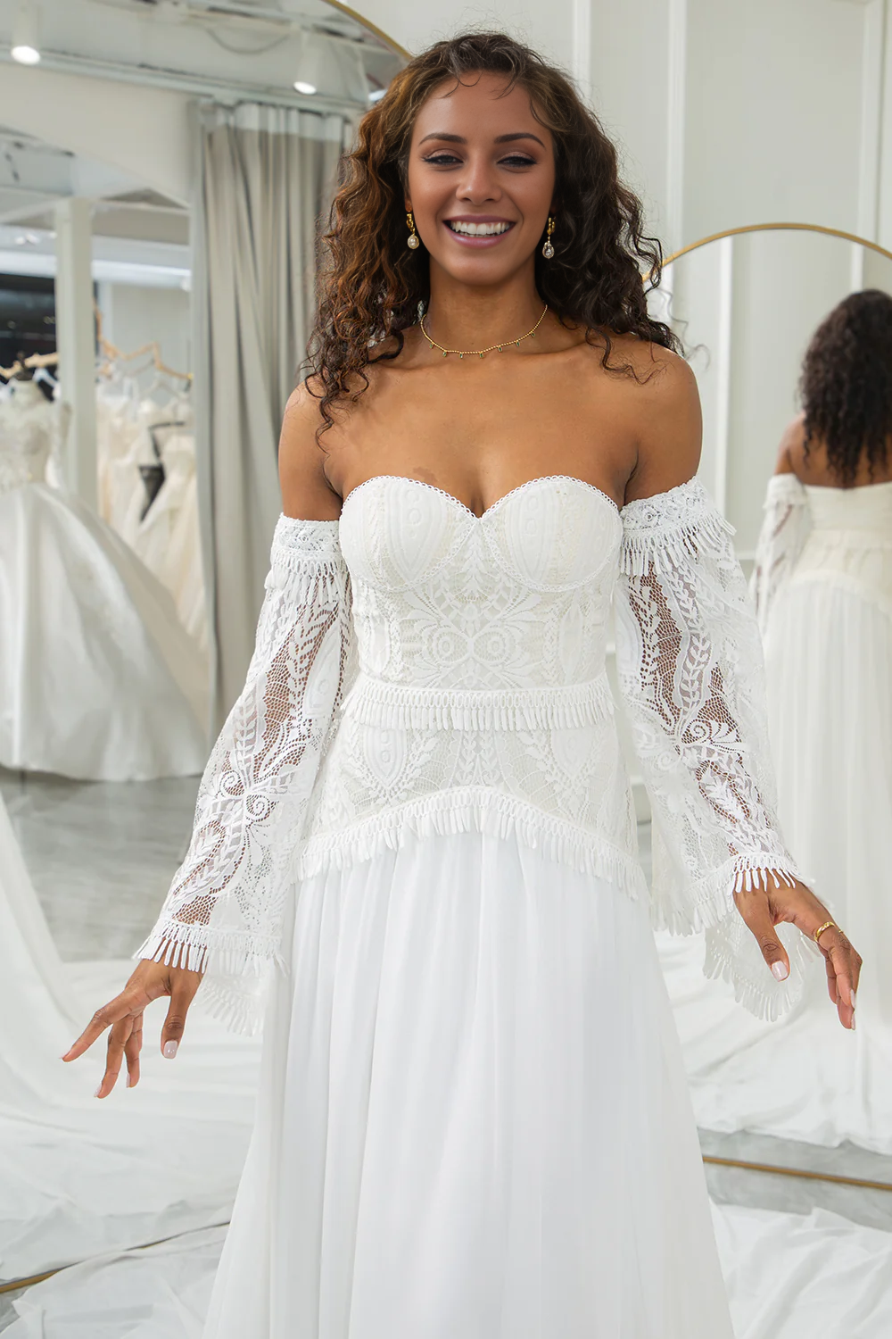 Ivory Sweetheart Detachable Flare Sleeves Boho Wedding Dress Off Shoulder