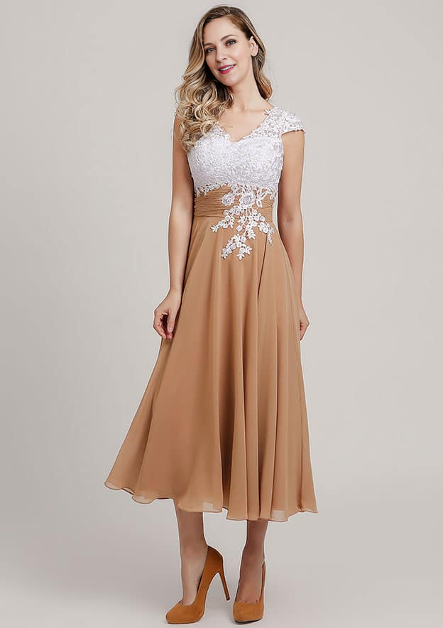 Chiffon Mother of the Bride Dress A-linePrincess V Neck Short Sleeve Tea-Length With Lace Short