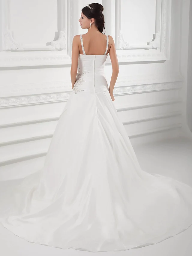A-Line Wedding Dresses Square Neck Court Train Satin Taffeta Spaghetti Strap with Ruched Beading