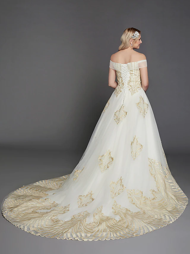 Princess Wedding Dresses Off Shoulder Chapel Train Lace Tulle Cap Sleeve Glamorous Illusion Detail