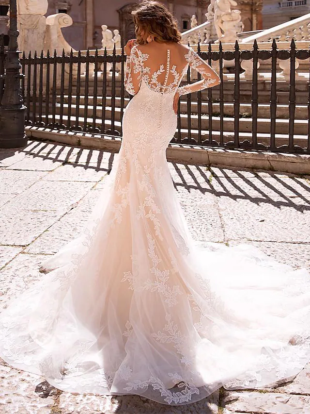 Wedding Dresses V Neck Court Train Lace Long Sleeve Formal Romantic Casual Modern Detachable Illusion Sleeve