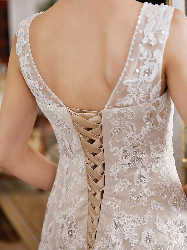 A-Line Wedding Dresses V Neck Court Train Lace Tulle Regular Straps Romantic Illusion Detail with Beading
