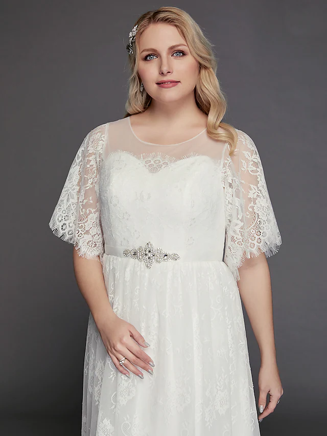 A-Line Wedding Dresses Illusion Neck Jewel Neck Floor Length Lace Tulle Half Sleeve Formal Boho Little White Dress See-Through with Beading Lace