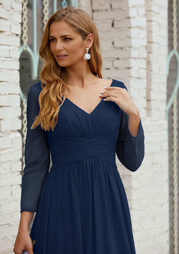 A-line V Neck FullLong Sleeve Ankle-Length Chiffon Mother of the Bride Dress With Pleated Pure Color