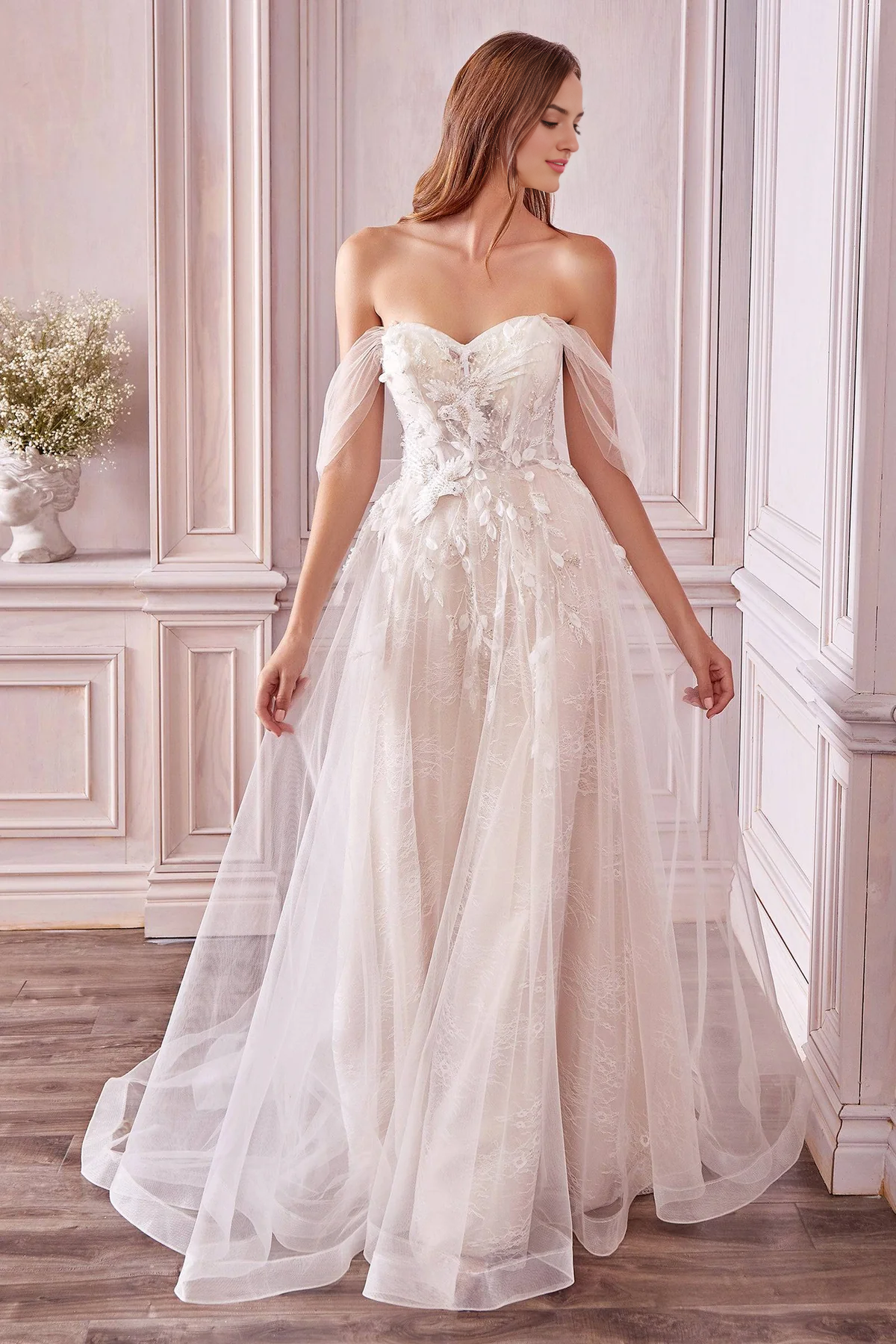 Flowing Floral Lace Wedding Dress Off Shoulder Long Beautiful