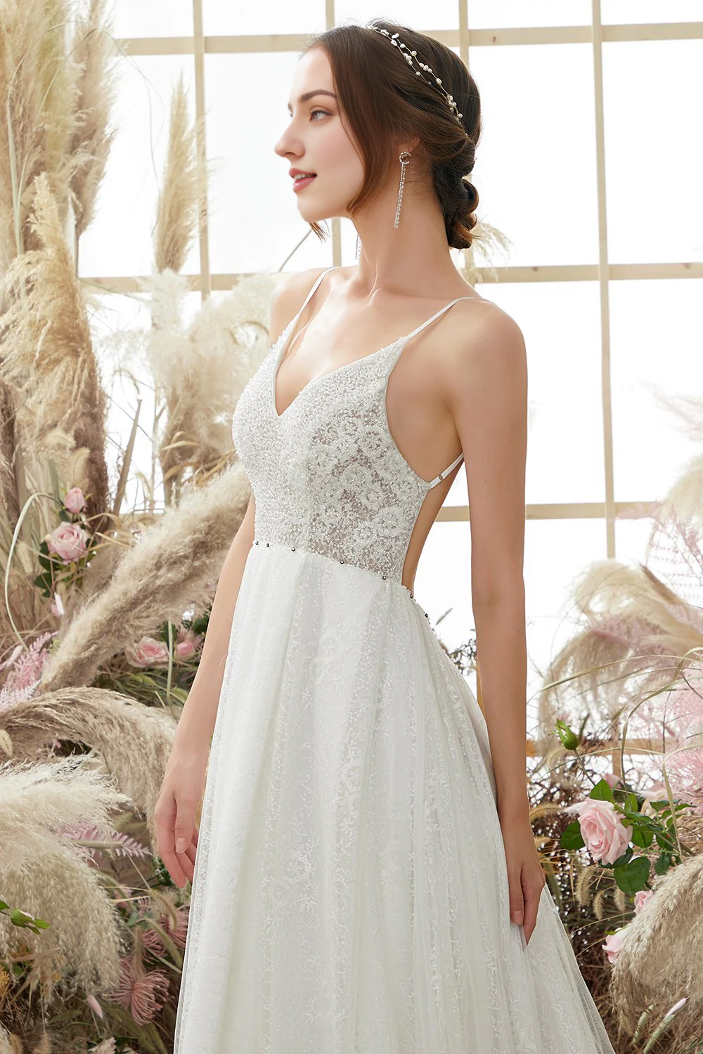 V neck Blackless Wedding Dress Sexy Long Beautiful