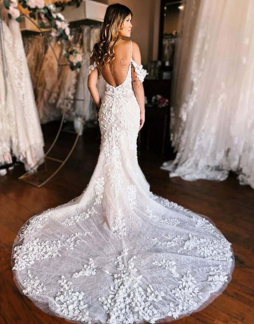 Mermaid The Shoulder Wedding Dress With 3D Appliques Off Shoulder Sexy