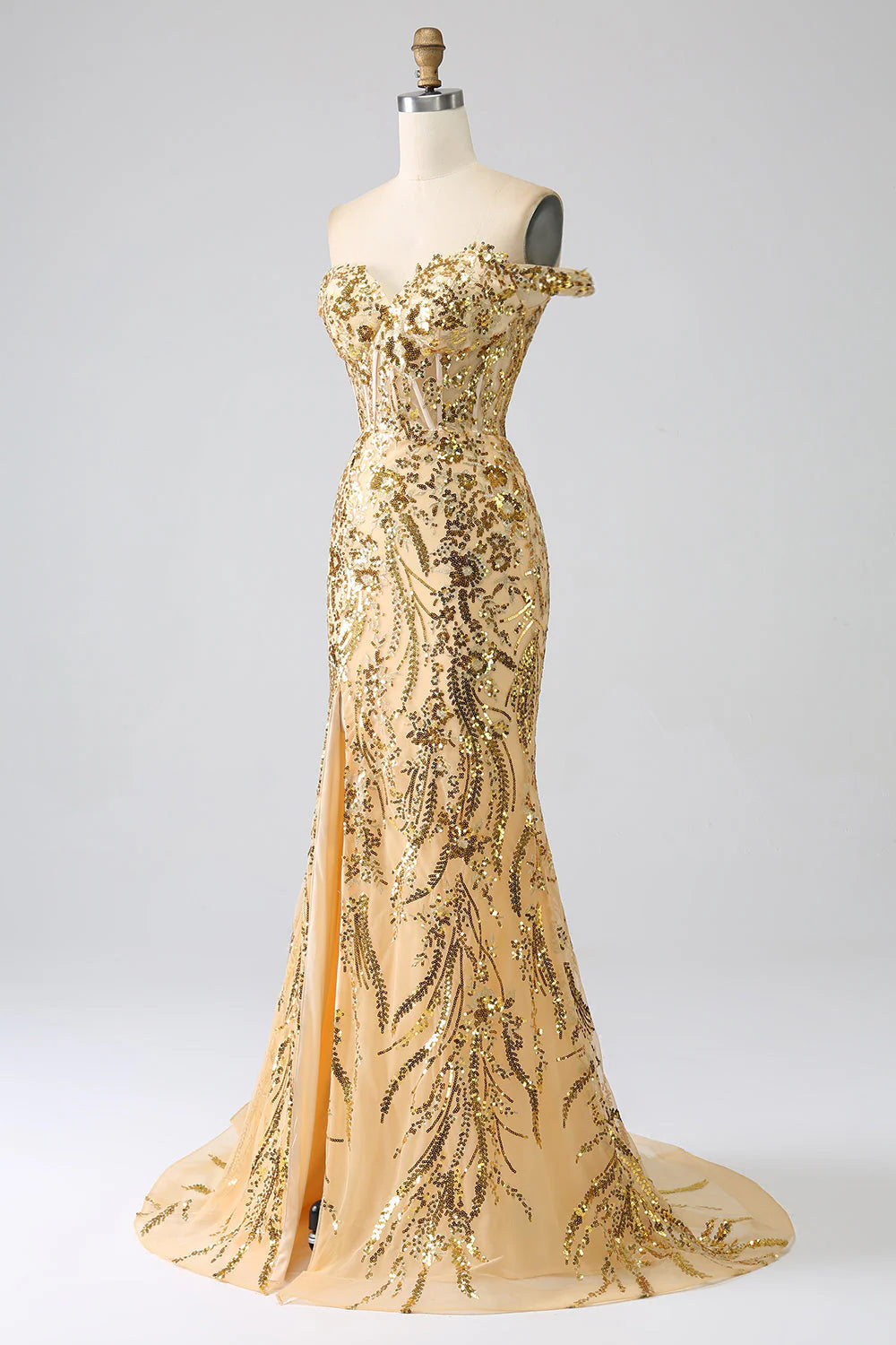 Mermaid Off The Shoulder Corset Prom Dress with Slit Sparkly Long Sexy