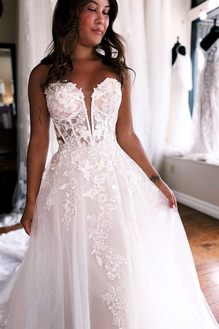 Ivory Tulle Appliques Strapless A-Line Long Wedding Dress Off Shoulder