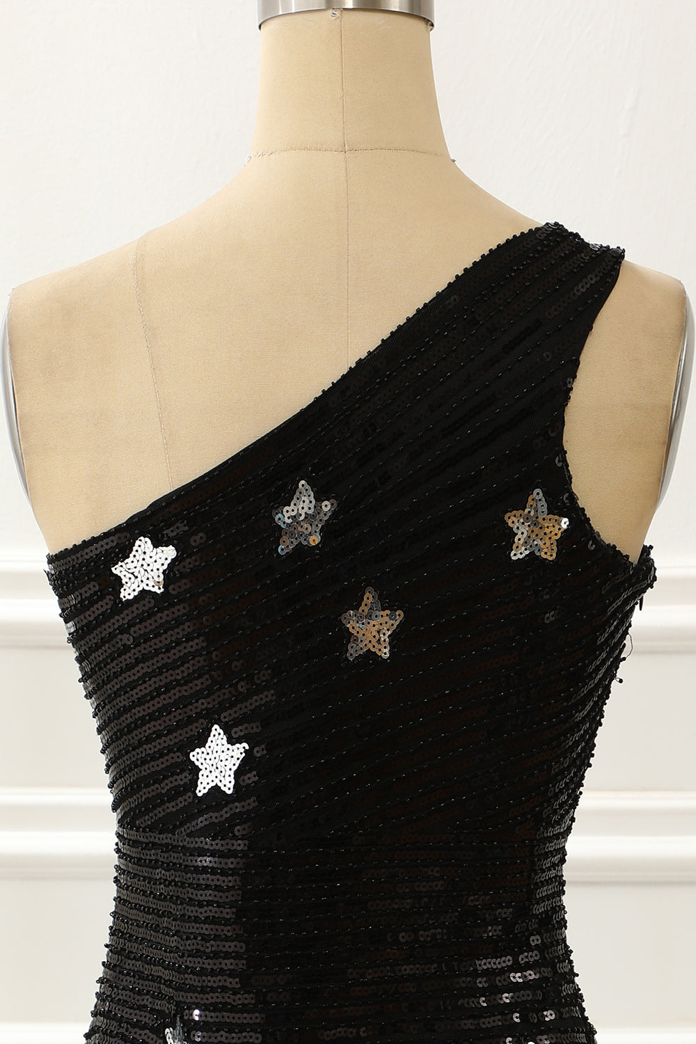 Black One Shoulder Sequin Cocktail Dress With Stars Short Sexy