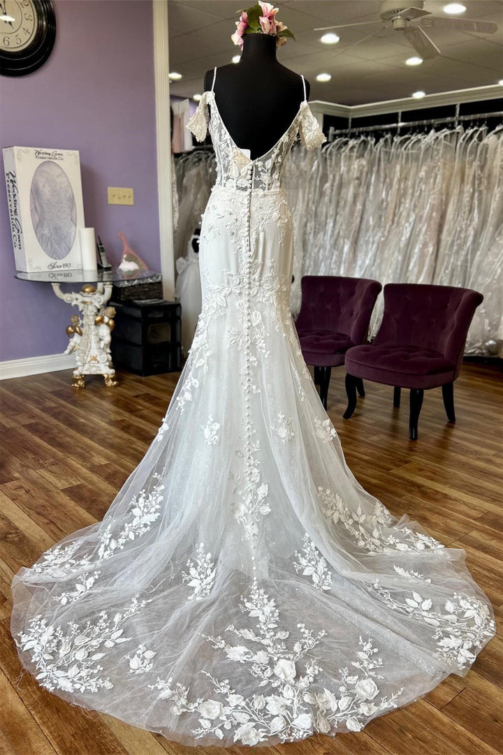 Ivory Off-the-Shoulder Appliques Straps Sweeping Long Wedding Dress Sexy
