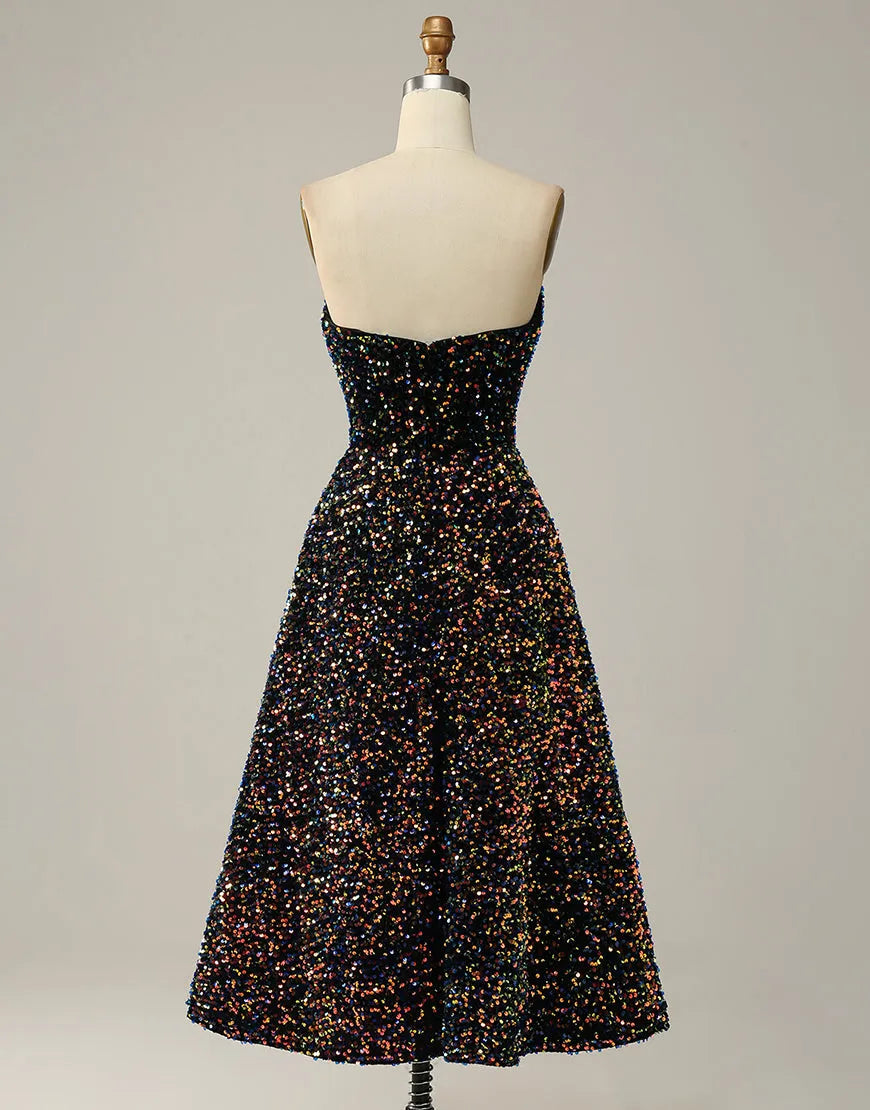 A-Line Tea Length Strapless Glitter Sequin Party Dress Off Shoulder Sparkly