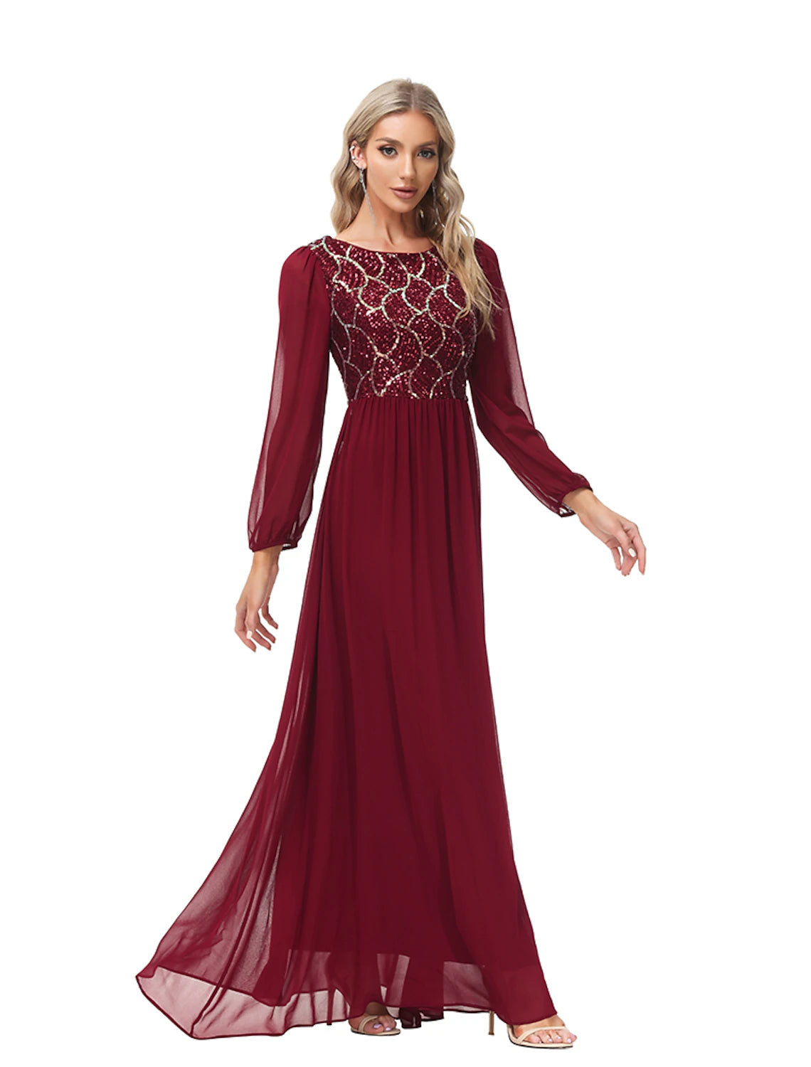 A-Line Evening Gown Empire Dress Party Wear Floor Length Long Sleeve Jewel Neck Chiffon V Back with Sequin