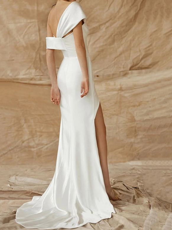 Sheath/Column One-Shoulder Silk Satin Wedding Dress With Split Sexy