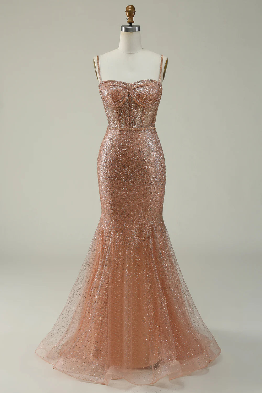 Mermaid Spaghetti Straps Corset Prom Dress Sparkly Long