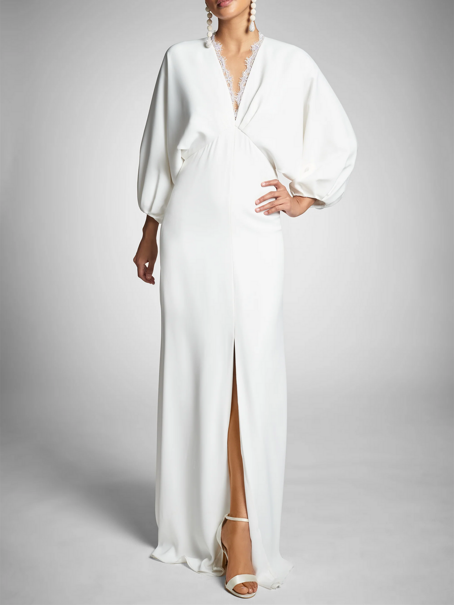 Sheath/Column Long Sleeves Plunging V Neck Floor-Length Wedding Dresses White