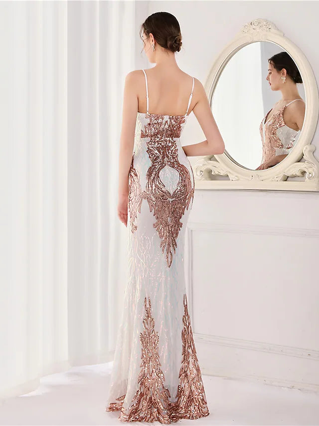 Mermaid / Trumpet Evening Gown Elegant Dress Wedding Guest Floor Length Sleeveless Spaghetti Strap Sequined V Back
