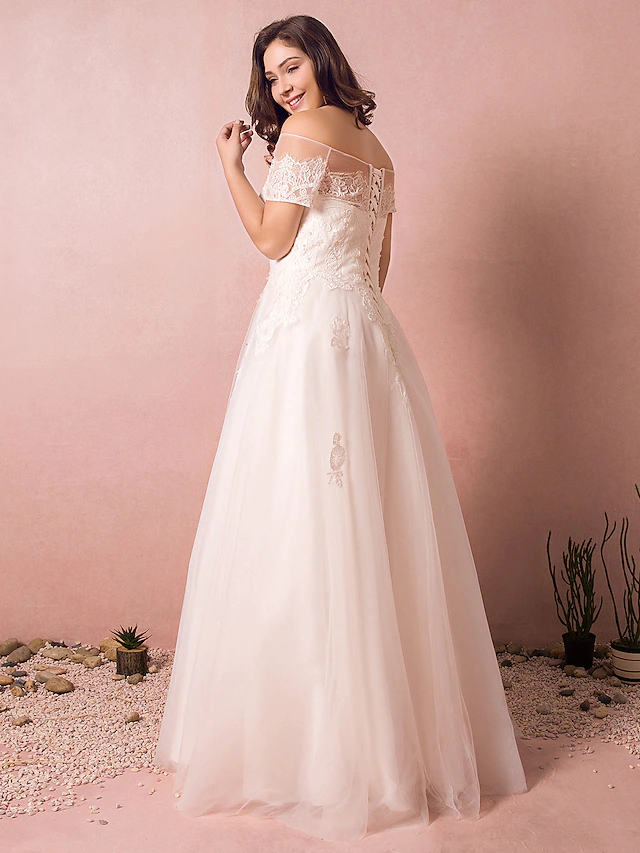 A-Line Wedding Dresses Off Shoulder Floor Length Lace Satin Tulle Short Sleeve Formal Plus Size with Lace Pearls Lace