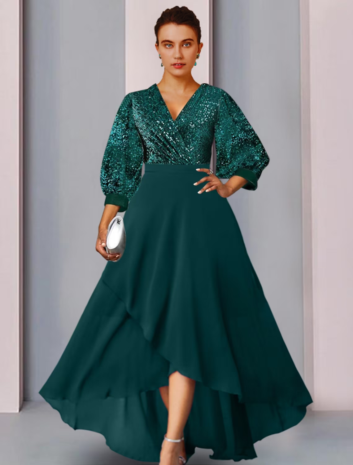 Sheath / Column Mother of the Bride Dress Wedding Guest Elegant Sparkle & Shine V Neck Asymmetrical Chiffon Lace Long Sleeve