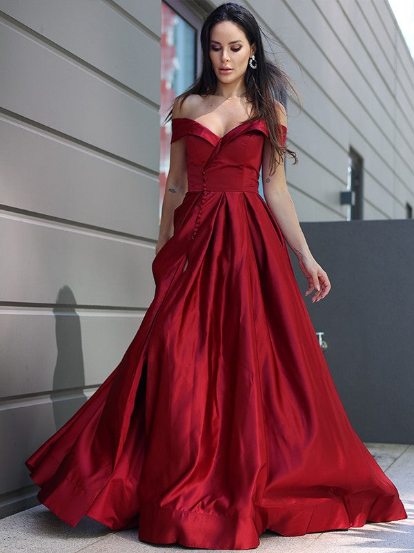 A-Line Princess Satin Ruffles Off-the-Shoulder Sleeveless Dresses Party Dresses