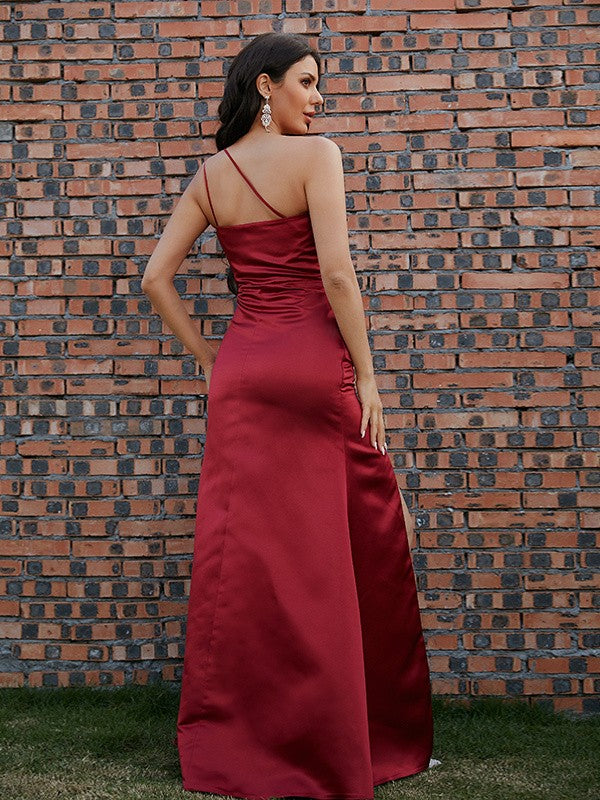 Satin Ruched One-Shoulder Sleeveless Floor-Length Dresses Party Dresses