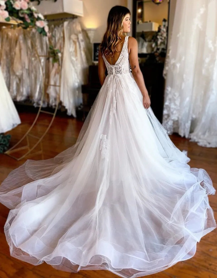 A-Line V Neck Train Wedding Dress With Appliques Sexy Long