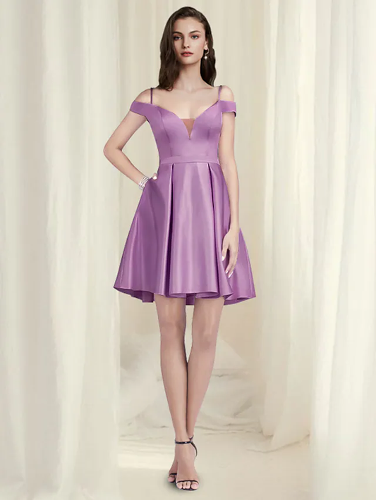 A-Line Reformation Amante Minimalist Homecoming Party Wear Dress Off Shoulder Sleeveless Short Mini Satin