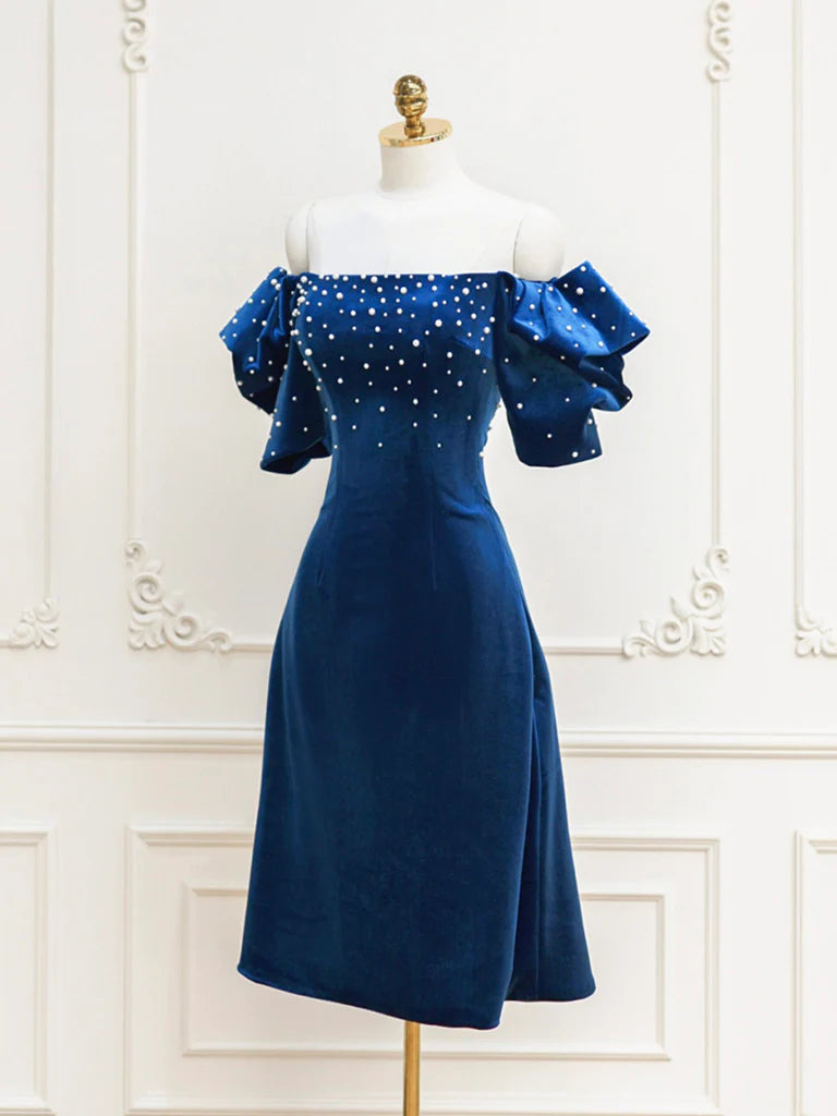 Velvet Beads Short Prom Dress Short Sleeve Off Shoulder Beautiful
