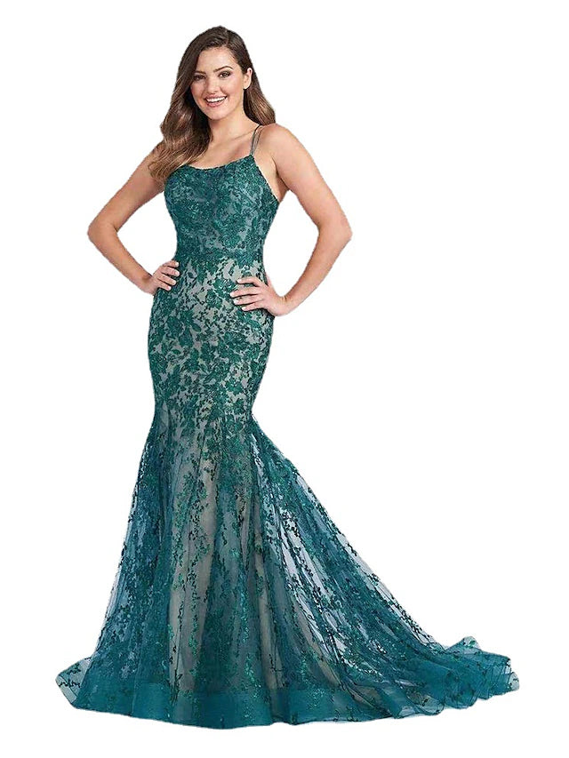 Mermaid / Trumpet Evening Gown Color Block Dress Formal Court Train Sleeveless Spaghetti Strap Lace Backless