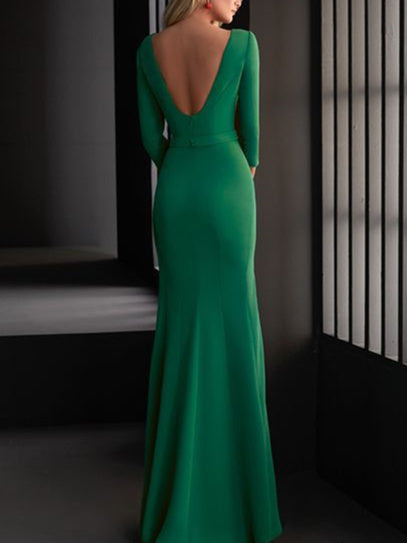 Sheath/Column V-Neck Floor-Length Prom Dresses With Flower Sexy