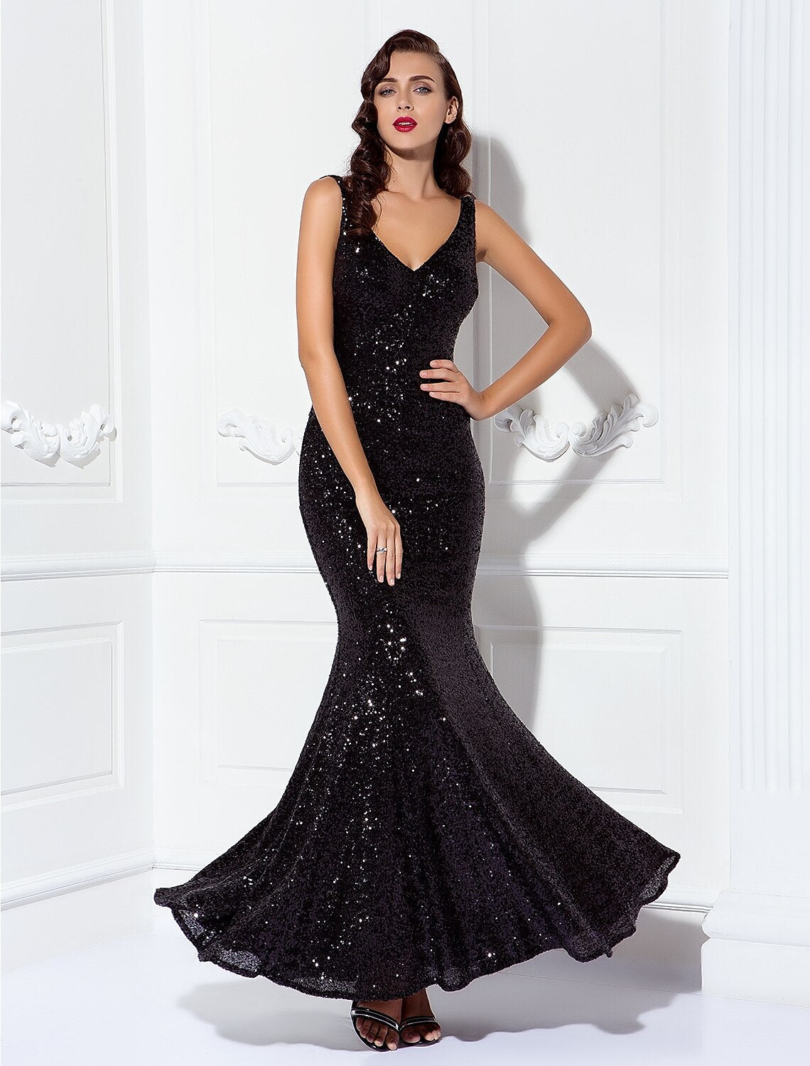 Sheath / Column Elegant Dress Wedding Guest Floor Length Sleeveless V Neck Sequined V Back