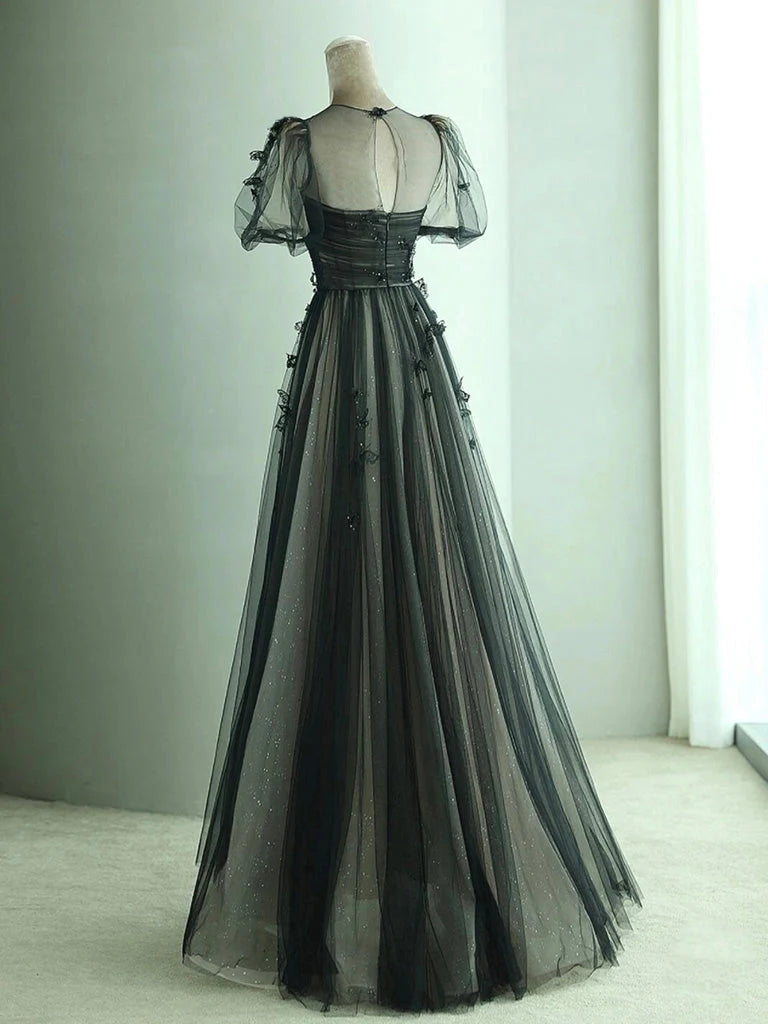 A-Line Tulle Butterfly Long Prom Dress Short Sleeve Floor Length Evening Dress