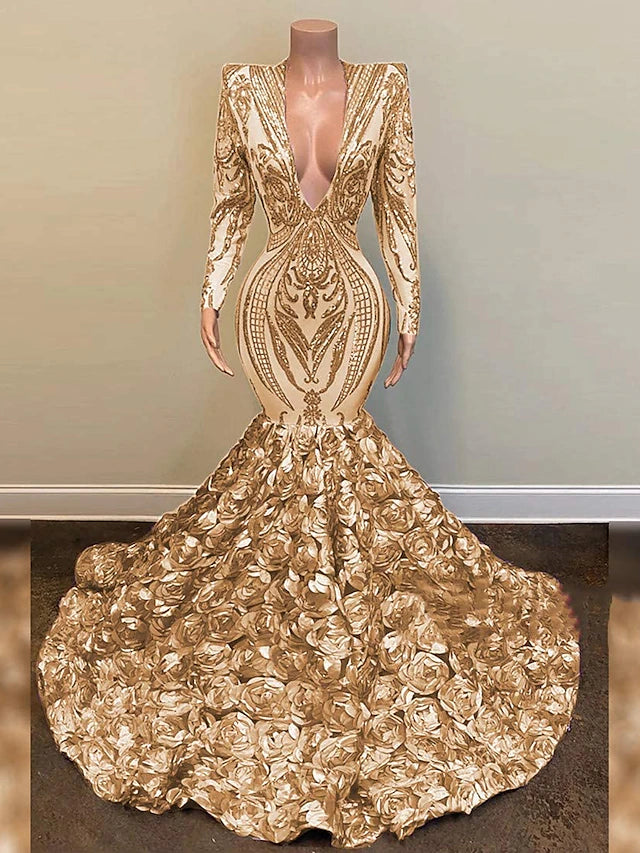 Mermaid / Trumpet Sparkle Evening Dress Sexy Engagement Formal Floral Wedding Dress V Neck Long Sleeve Chapel Train Sequined